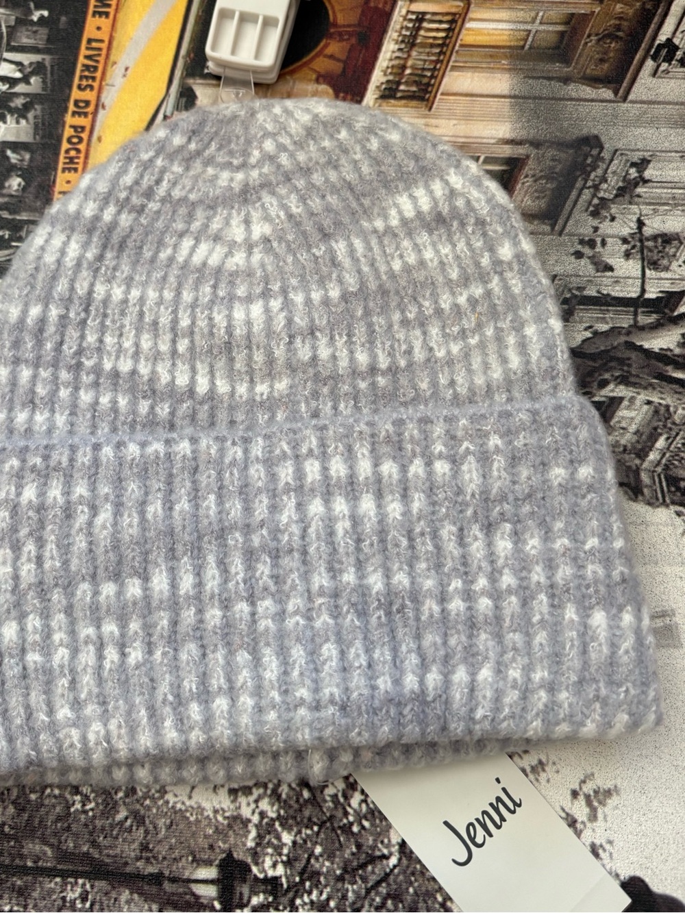 Jenni Light Gray Light Blue White Ribbed Knit Cuffed Beanie NWT